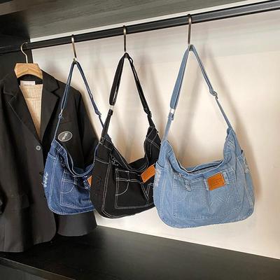 Všestranná korejská vyšívaná džínová crossbody taška pro ženy - Ležérní, Retro, Opotřebovaná módní taška přes rameno