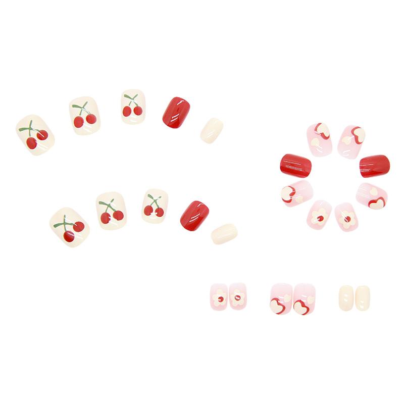 Artificial Nails Wearable Nail Pattern Novel Fake Nail Patch Cherry Flower Heart Red Removable