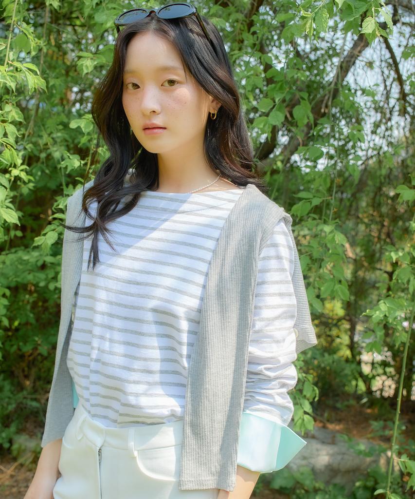 SALON DE YOHN Stripe Cuffs T_ Gray+Mint