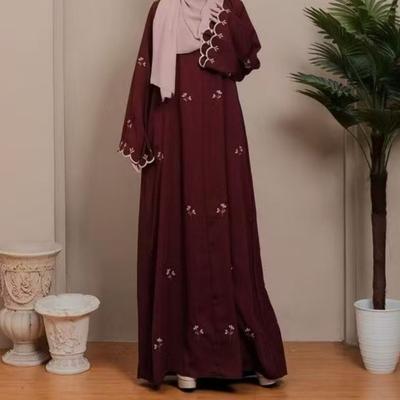 Women's Crew Neck Long Sleeve Maxi Dress Loose Fit Relaxed Waist Floral Embroidery Modest Abaya Dress