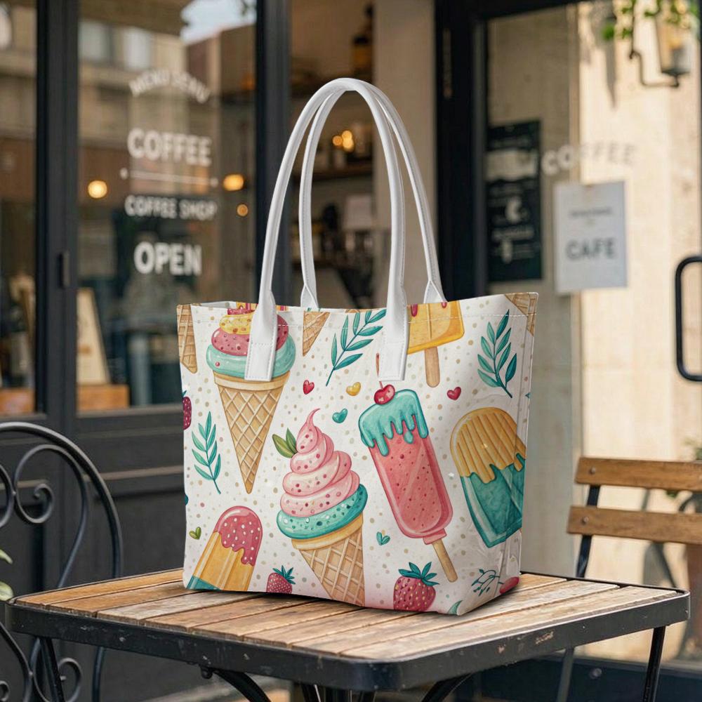 Sweet Ice Cream Printed Women Casual Tote Bag Portable Stylish Daily Use Handbag