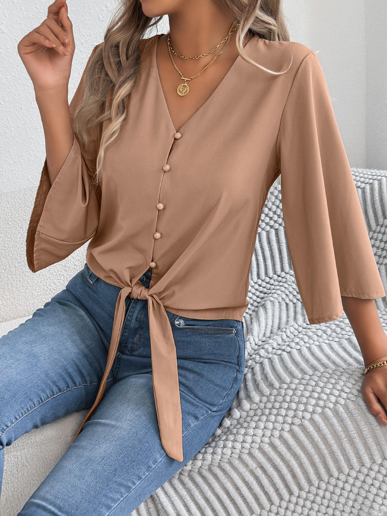 women s Solid Color V Neck Button Front Tie Knot Flare 3/4 Sleeve Casual Chiffon Blouse Top S хаки