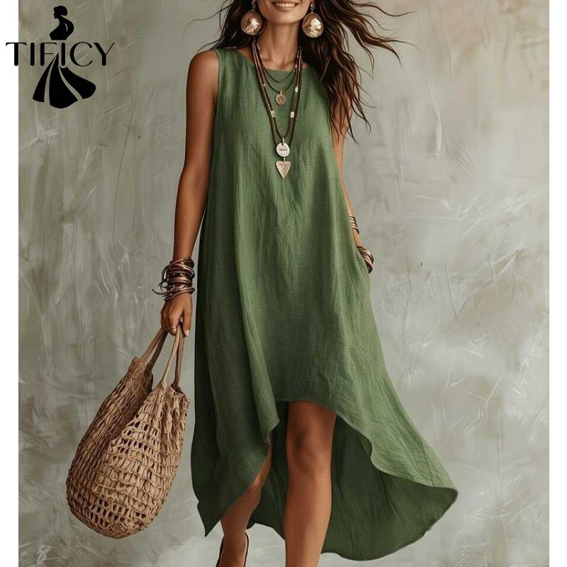 TIFICY Abiti casual senza maniche con scollo a V e vita ampia, tinta unita, stampati, estivi e primaverili da donna