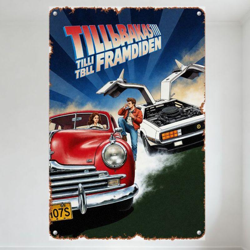 

Vintage Tillbaka III Retro Movie Poster Metal Tin Sign, Dynamic Car Action with Red Classic & White Futuristic DeLorean Style 20x30cm（7.8x11.8inch）