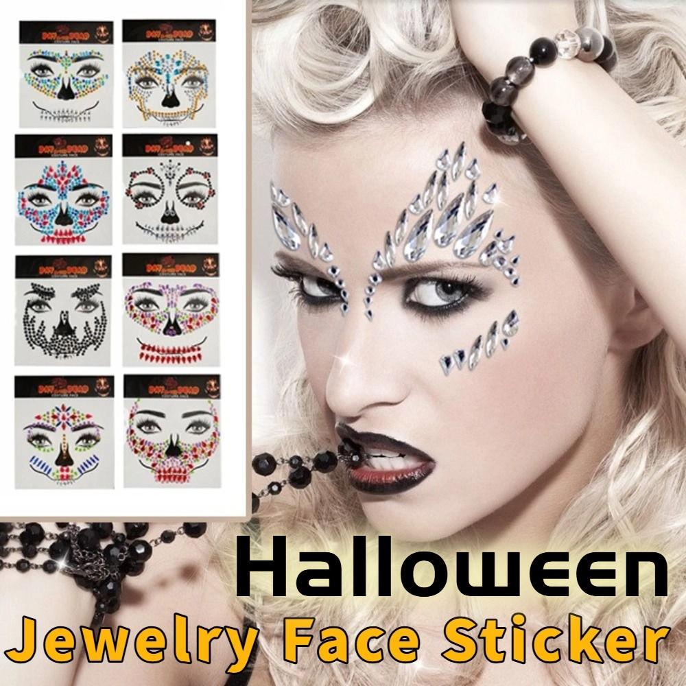 Funny Halloween Fake Tattoo DIY Skull Face Sticker Rhinestone Face Sticker  Day of The Dead