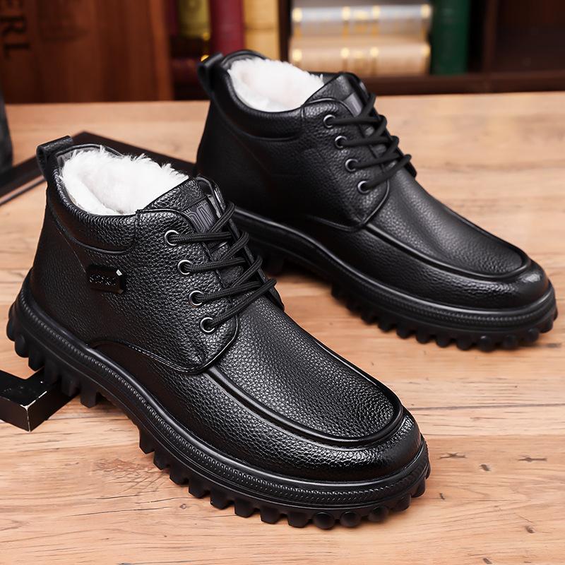 Winter New Men's High-top Shoes Leather Boots Men's Cotton Shoes Wool Velvet Warm Snow Boots Martin Boots Outdoor Leather Boots