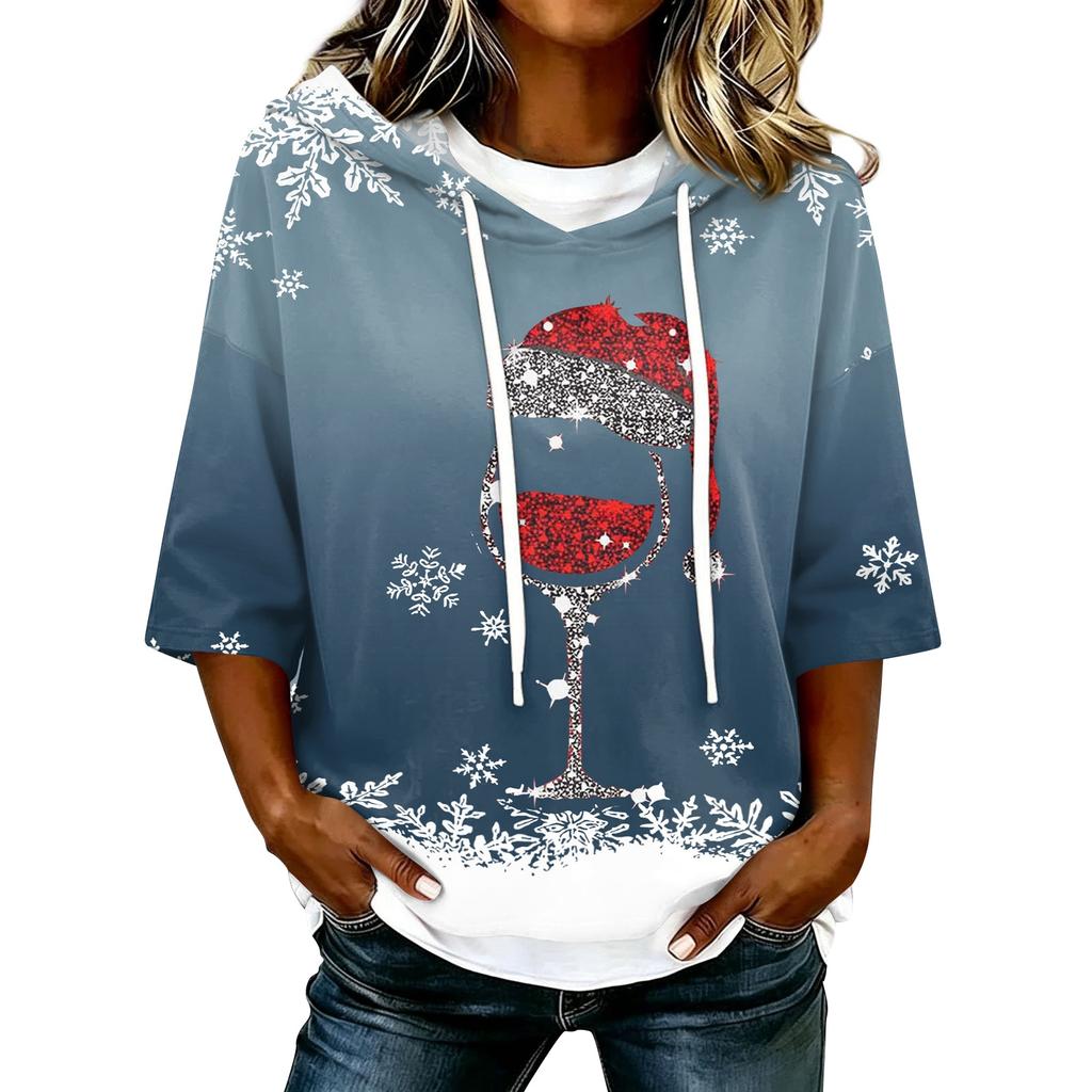 Women's Casual 3/4 Sleeve Hooded Christmas T-Shirt for Holiday Parties and Everyday Wear