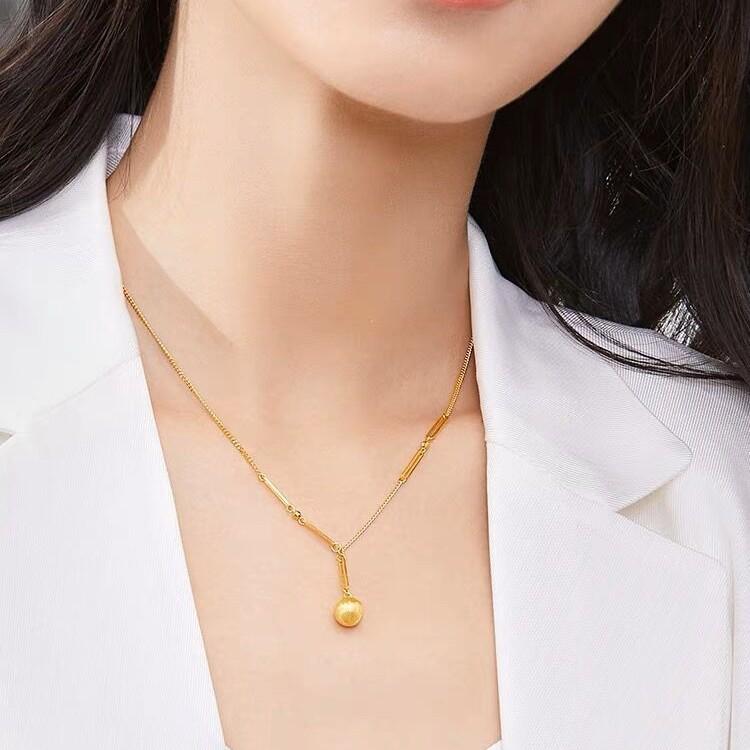 European and American Steel Bead Necklace with Paper Clip Chain - 18K Gold Frosted Stainless Steel Design