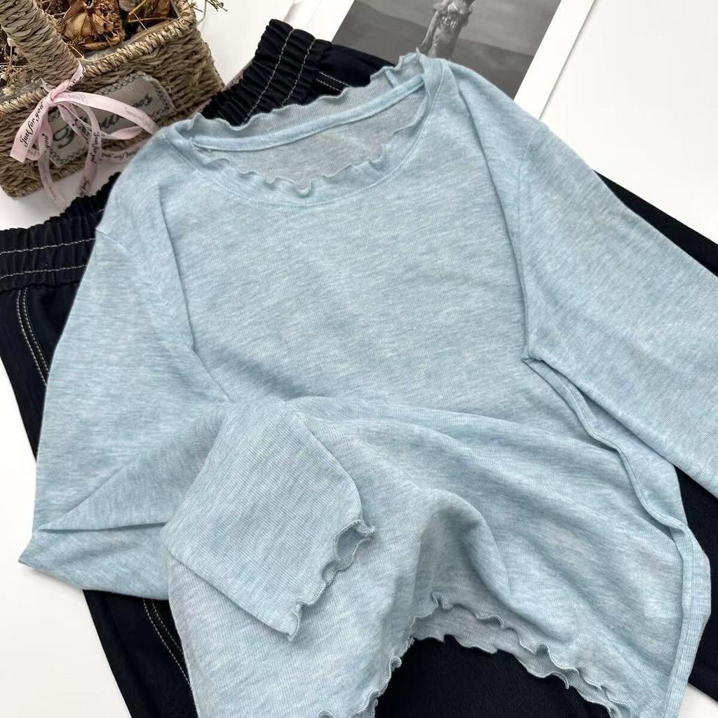 Korean Style Long-Sleeve Knit Top with Ruffle Trim - Super Soft & Lightweight, Solid Color (Y6617)