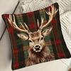 Christmas Elk Pillow Cover Red Green Plaid Elk Head Throw Pillow Cover 18 Inch X 18 Inch Winter Festive Pillowcase for Home Couch Sofa Bed Decoration