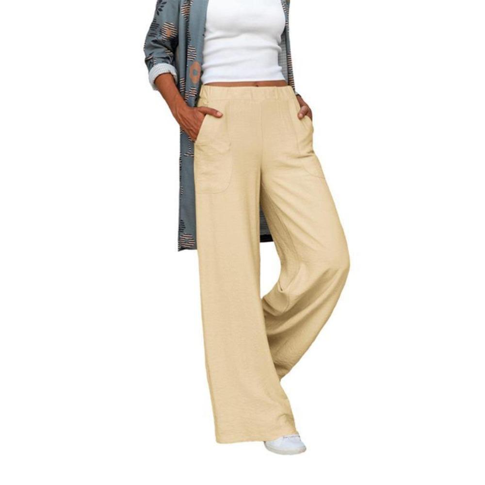 Women's Elastic Waist Solid Color Loose Fit Wide Leg Pants Minimalist Daily Casual Trousers With Pockets
