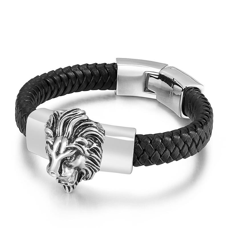 KALEN Lion Head Stainless Steel Bracelet Men Black Cowhide Leather Bracelets Jewelry