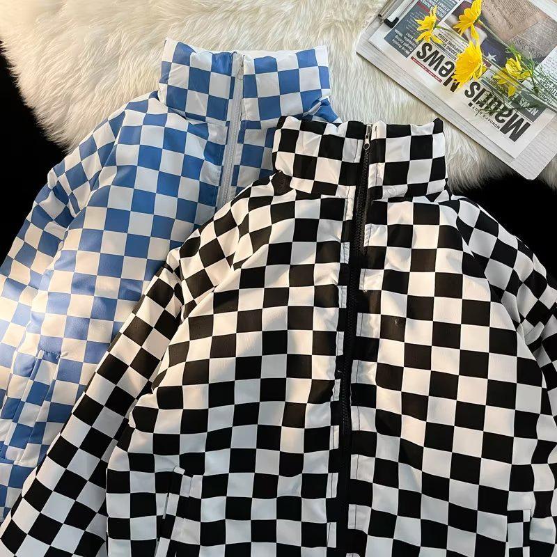 Palton reversibil în carouri Jachetă largi pentru damă cu guler