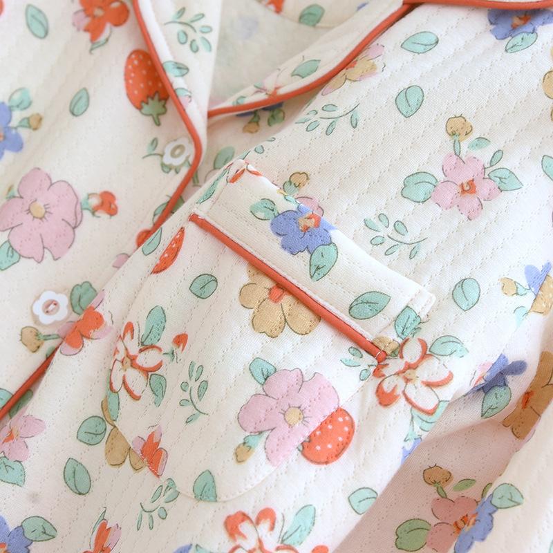 1011 new autumn and winter pajamas women's thickened pure cotton lapel can be worn outside cotton padded loungewear set sweet printing