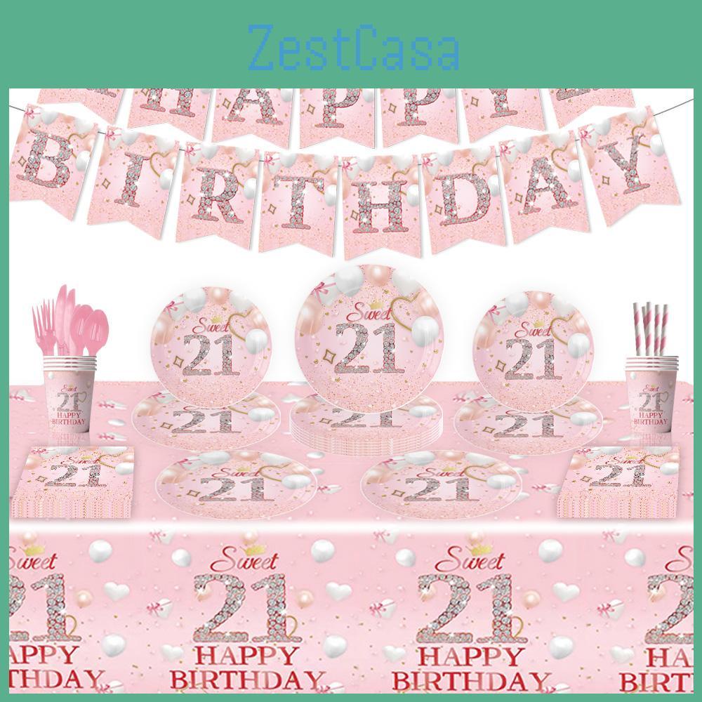 Party Decorations For 21st Birthday Pink Plastic And Paper Tableware Set With Straws And Cutlery