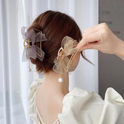 Chiffon Ribbon Metal Thin Frame Pearl Drop Hair Clip