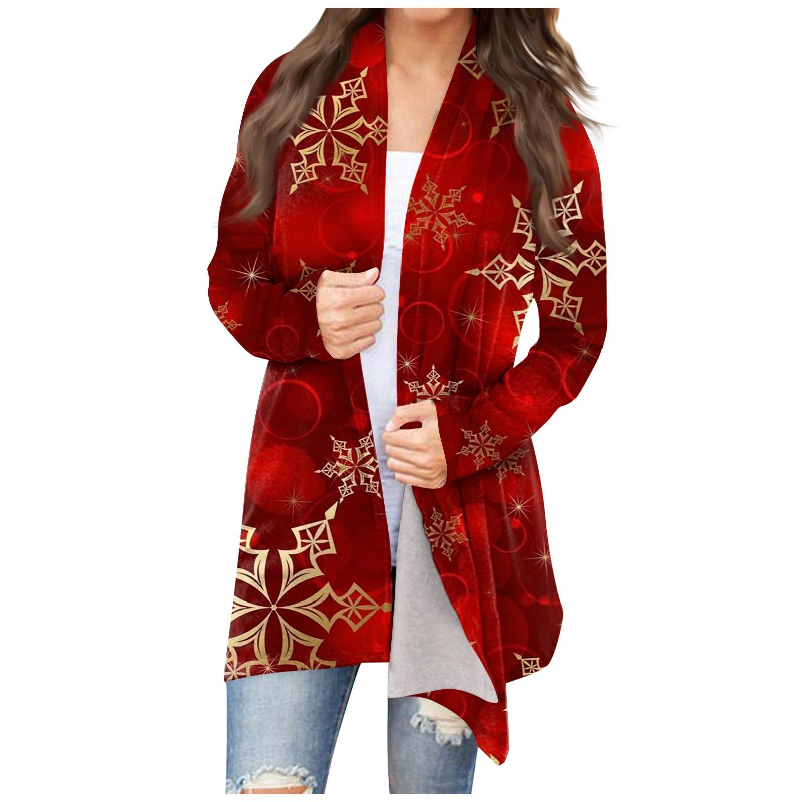 Women s Chirstmas Print Long Sleeve Front Cardigan Printed Top Lightweight Jacket XXL