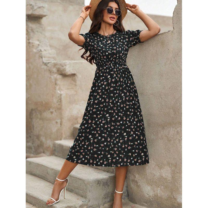 Sweet Summer New Arrival European Fashion Round Neck Small Floral Elastic Waist Tight Waist Puff Short Sleeve Mid Length Long Length Dress