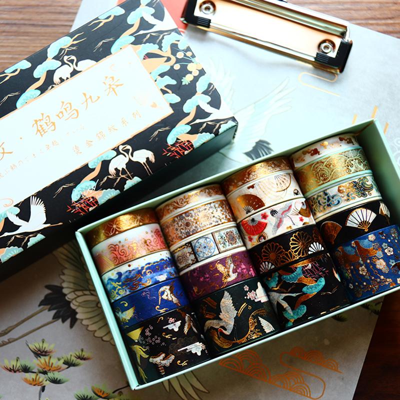 20pcs Vintage Gold Foil Washi Tape Set Crane Cosmic Fantasy Sakura Flower Adhesive Masking Tapes DIY Decoration Sticker A6157