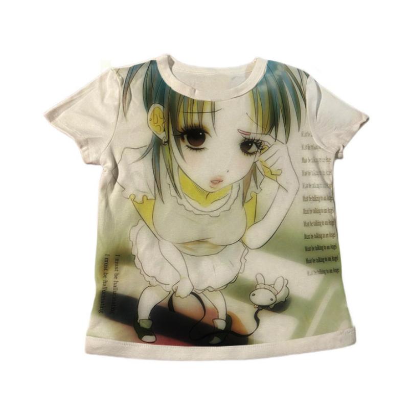 

Европейский и американский Y2K Персонализированный мультяшный аниме принт Круглый вырез Женский летний модный топ S