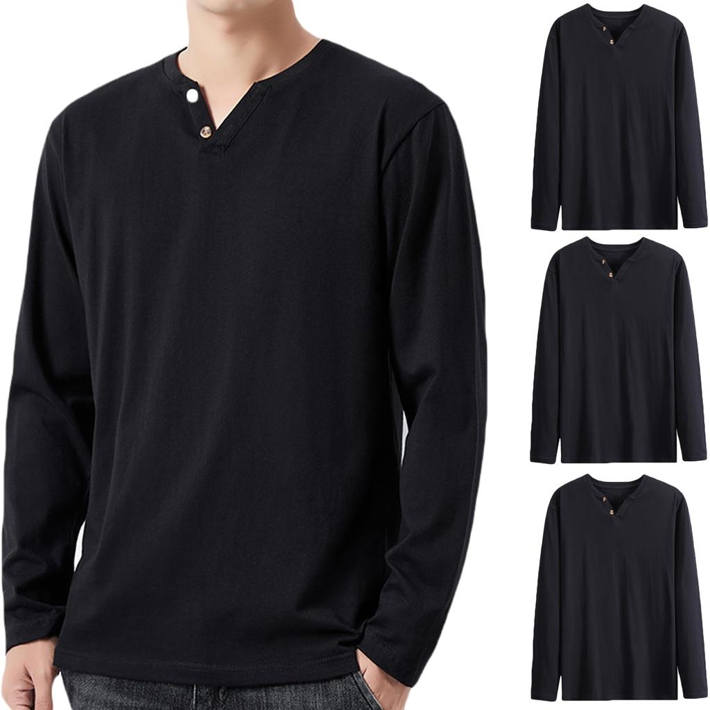 Hisitosa Long Sleeve Solid Henley Neck Long Men's T-Shirts, Fall, 3-Pack/4-Pack, 100% Cotton, Color, T-Shirt, Undershirt, V-Neck T-Shirt (JP,