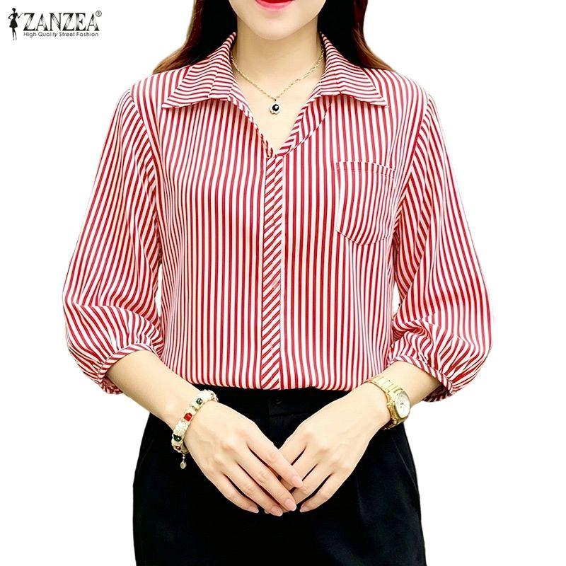 ZANZEA Camicia da donna a righe larghe con colletto a punta e maniche a 3/4