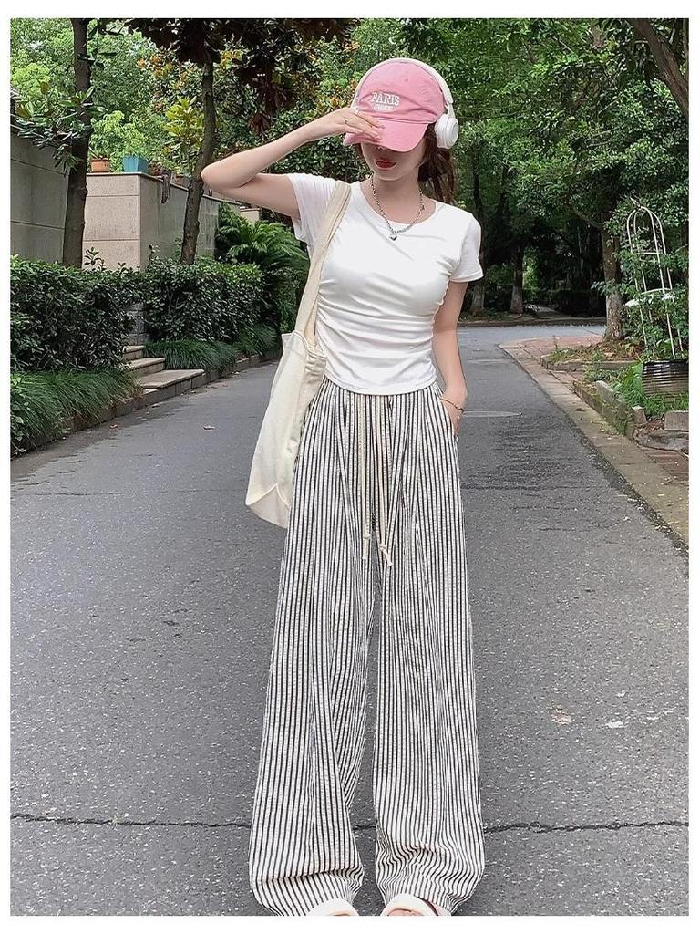 Women's Slimming High Waist Striped Pants: Black/White, Loose Straight-Leg, Petite 145, Wide-Leg, Summer 2025 Collection