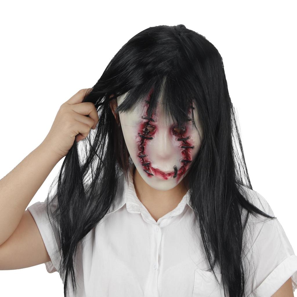 Japanese-style horror latex mask featuring a black-haired, stitched-face female ghost.