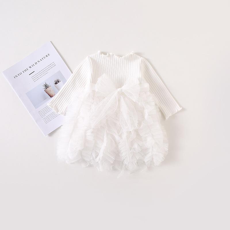 

Весеннее корейское вязаное платье для девочек 2025 года с пышной юбкой из тюля 110cm белый