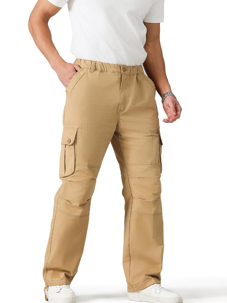 Swoemc Cargo Sizes Loose Solid Winter Men's Pants, 6-Pocket Trousers, M-5XL, Workwear, Fit, Multi-functional, Cotton, Color, Spring, Autumn, (Khaki,
