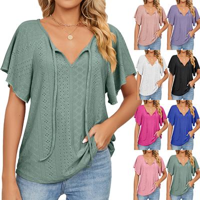 Women's Fashion Spring/Summer Solid V-Neck Lace Up Short Sleeve Loose Casual T-shirt Top