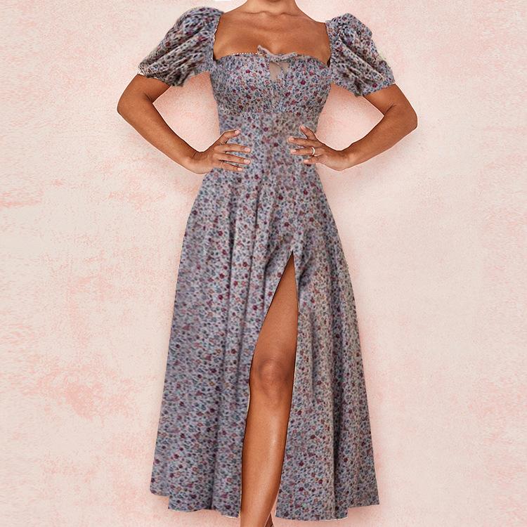 Sexy Vestido de Club de Manga Corta Abullonada con Estampado Floral Elegante Vestido Largo de Fiesta con Abertura Alta con Cordones para Mujer Dulce Vestido de Verano
