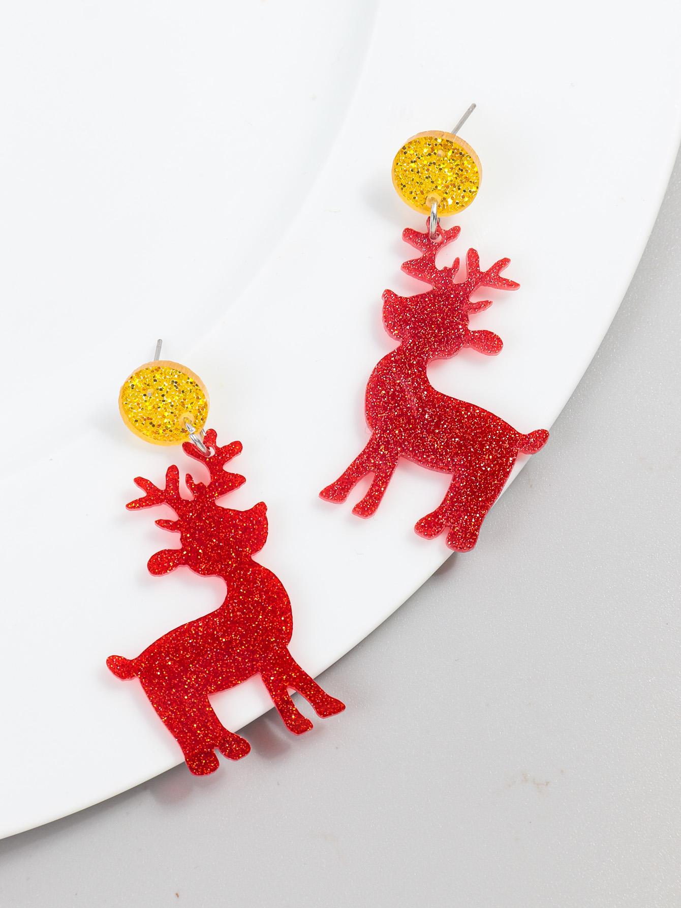 

New Christmas Deer Acrylic Earrings for Women Funny Cute Glitter Silver Color Elk Long Drop Earring Xmas Party Jewelry Gifts