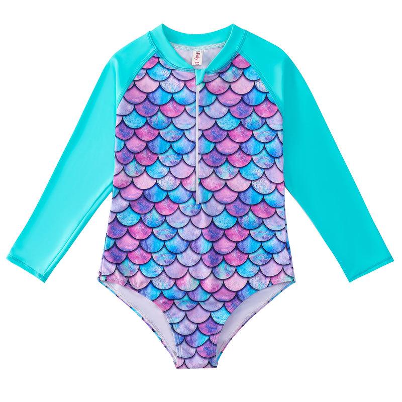 Girls' Long-Sleeve Mermaid One-Piece Swimsuit - Quick-Dry, Sun Protection