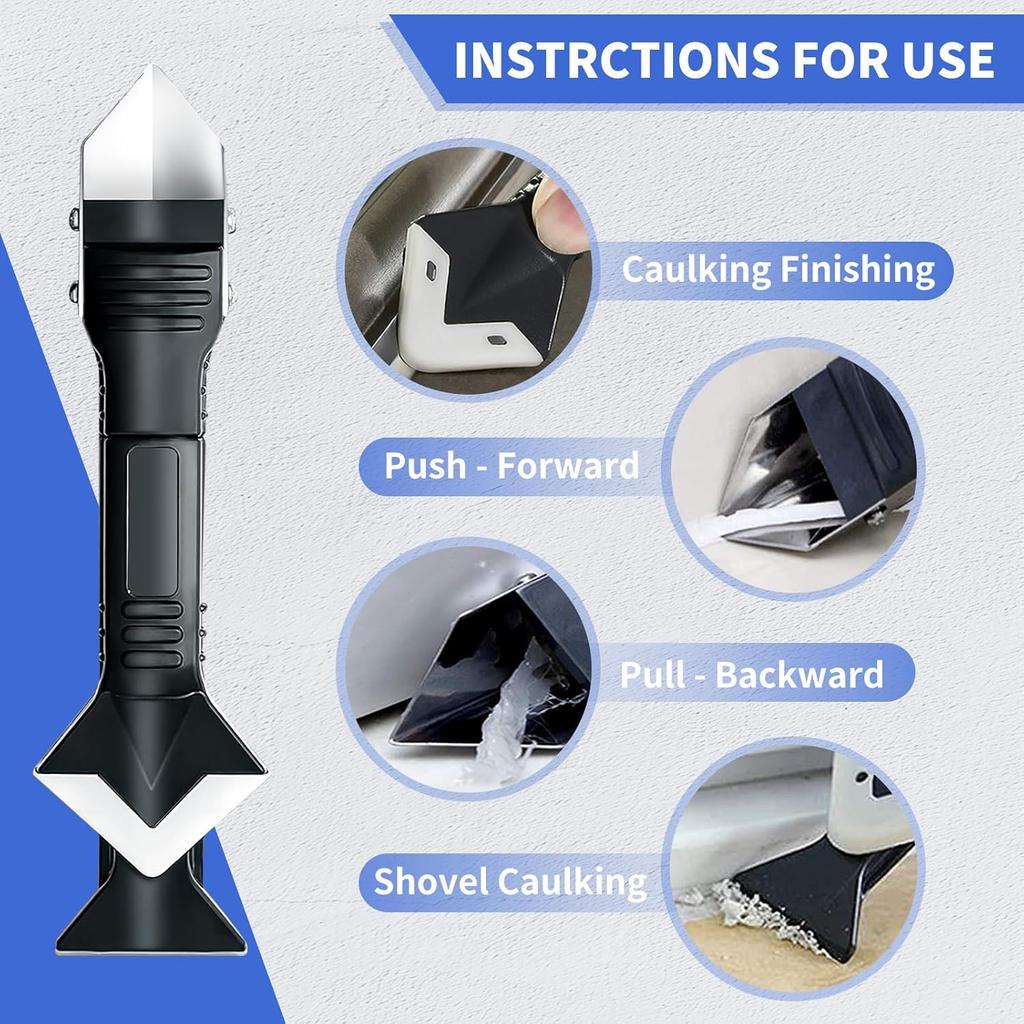 Caulking Tool Kit,Caulk Remover Tool,3 In 1Silicone Caulking Tool Kit, Grout Scraper, Reuse and Replace 5 Silicone Pads, Bathroom, Kitchen, Floor,