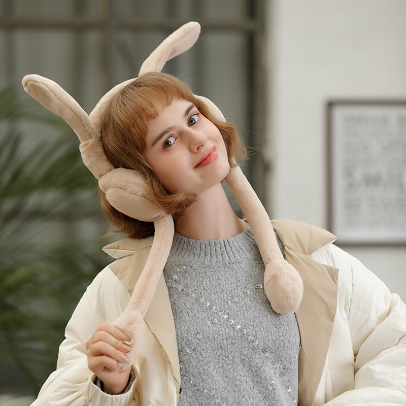 Women's Winter Soft Faux Fur Cute Rabbit Ear Foldable Ear Protection Windproof Traveling Ski Earmuffs