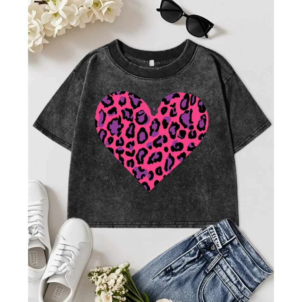 

Pink Leopard Print Heart Printed Women Washed Slim T-Shirt Casual Soft Short Sleeve Trendy Summer T Shirt Cotton Clothes M