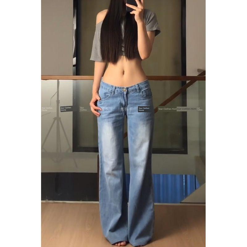 

Модный Ретро Поношенный Выцветший Деним Женский 2025 Лето Стиль Миллениум Y2g Сексуальные Брюки-швабры с низкой посадкой Jeans XL