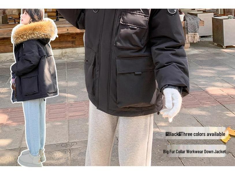 Women's 2025 Outdoor Workwear Short Down Jacket with Big Fur Collar - Loose Korean Style 90% White Duck Down Parka Coat