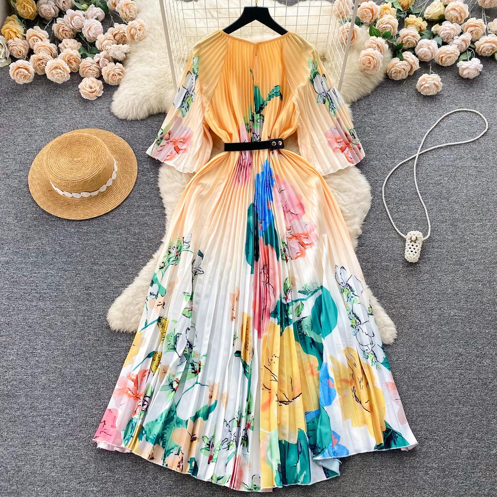 Spring Autumn Women Print Loose Pleated Dress Half Sleeve Oversized Long Maxi Robe