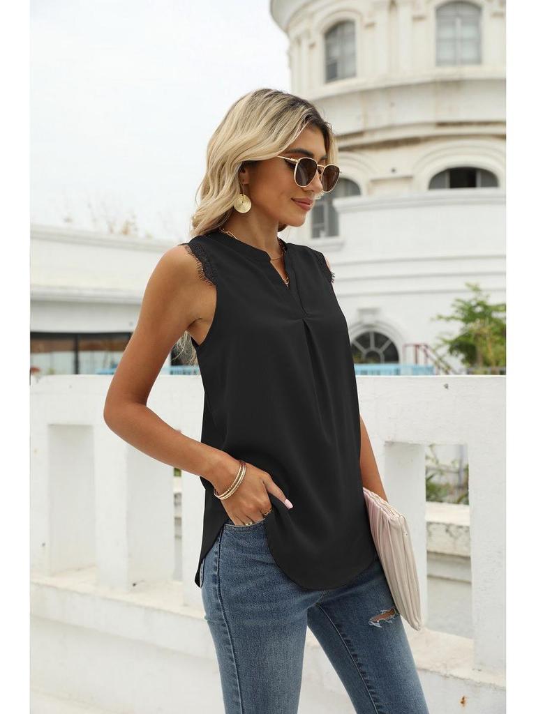European & American Women's Fashion: Spring/Summer Solid Color V-Neck Sleeveless Shirt with Lace Trim