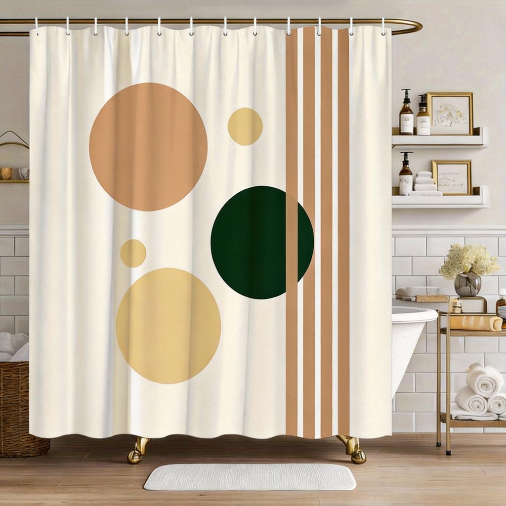 Geometric Shower Curtain Abstract Circles And Stripes Design Polyester Bath Curtain With Hooks For Modern Dec