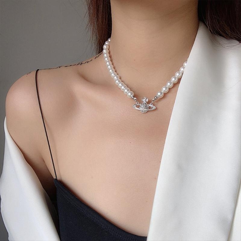 Planet Pearl Choker Necklaces for Women Crystal Rhinestones Pearl Bead Necklaces Ladies Wedding Pearl Bead Chain Neck