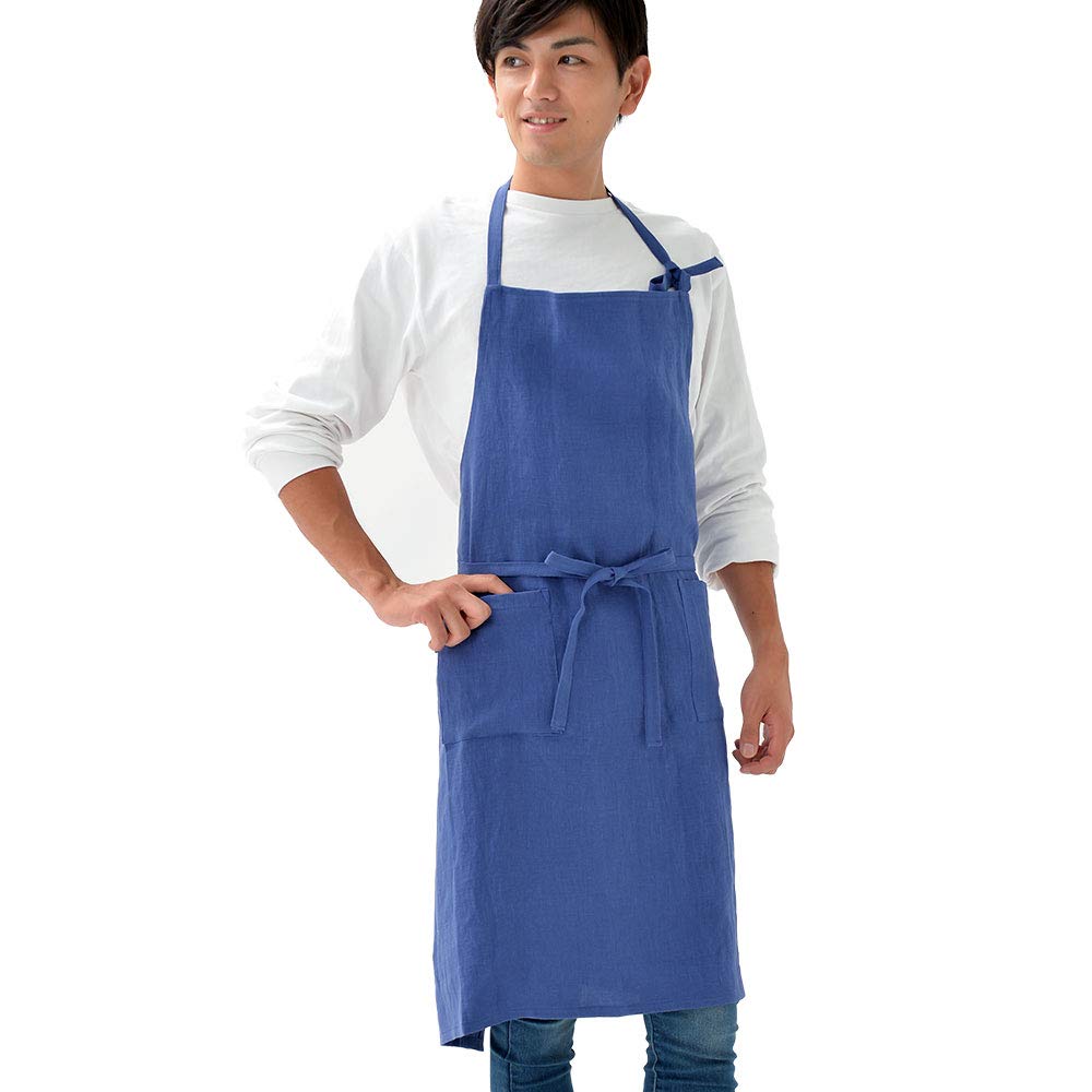 fabrizm Made in Japan Full Apron Long Length Soft Linen Indigo Blue 1549-bl-bl