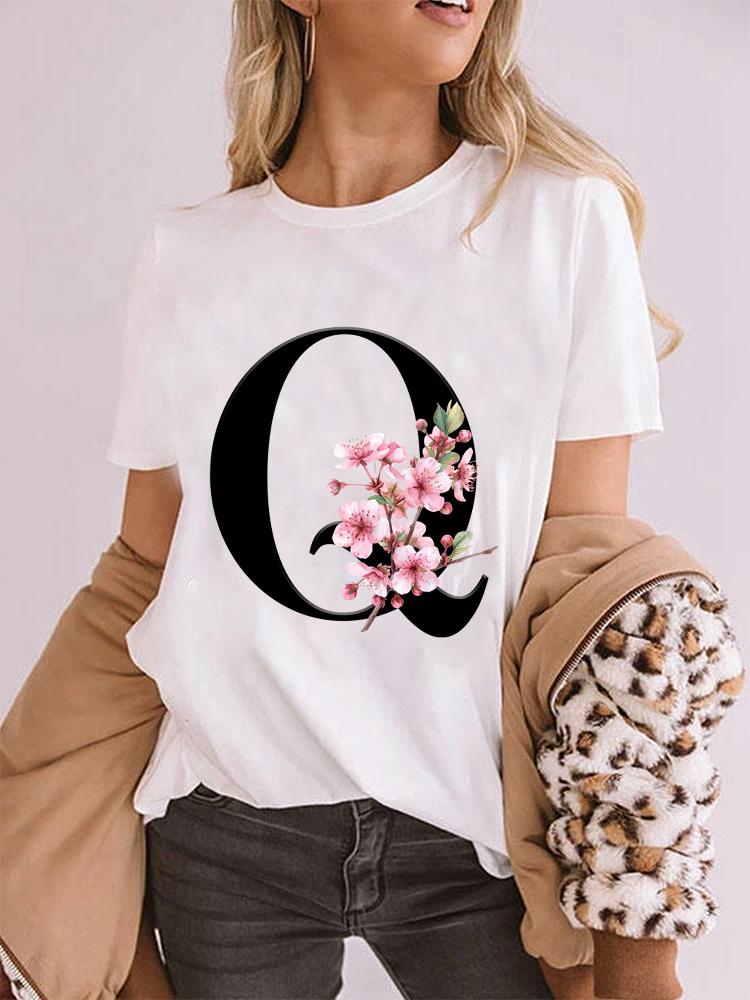 Elegant Cherry Blossom Initial Az Tshirt Unisex Crewneck Floral Letter Graphic Girls Y2k Tops Fashion Mama Birthday Gift Tshirt