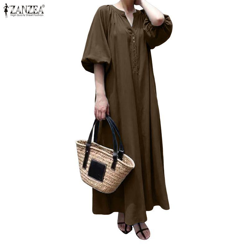 ZANZEA Women Casual V-Neck Loose Half Sleeve Long Dress