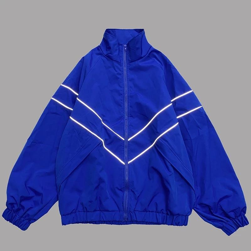 Jachete hip hop cu dungi reflectorizante pentru bărbați, Harajuku, cu fermoar, patchwork, îmbrăcăminte de vânt, ocazional, largi, varsity, unisex, albastru