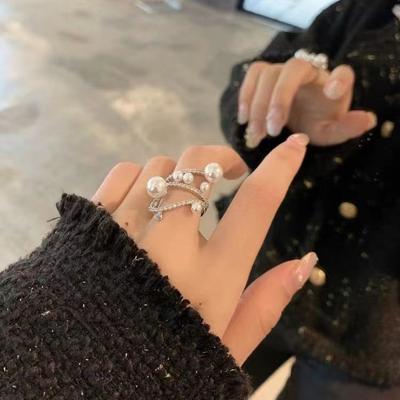Ring Women'S Fashion Personality Winding Diamond-Set Pearl Ring Opening Tide Cold Wind Index Finger Ring
