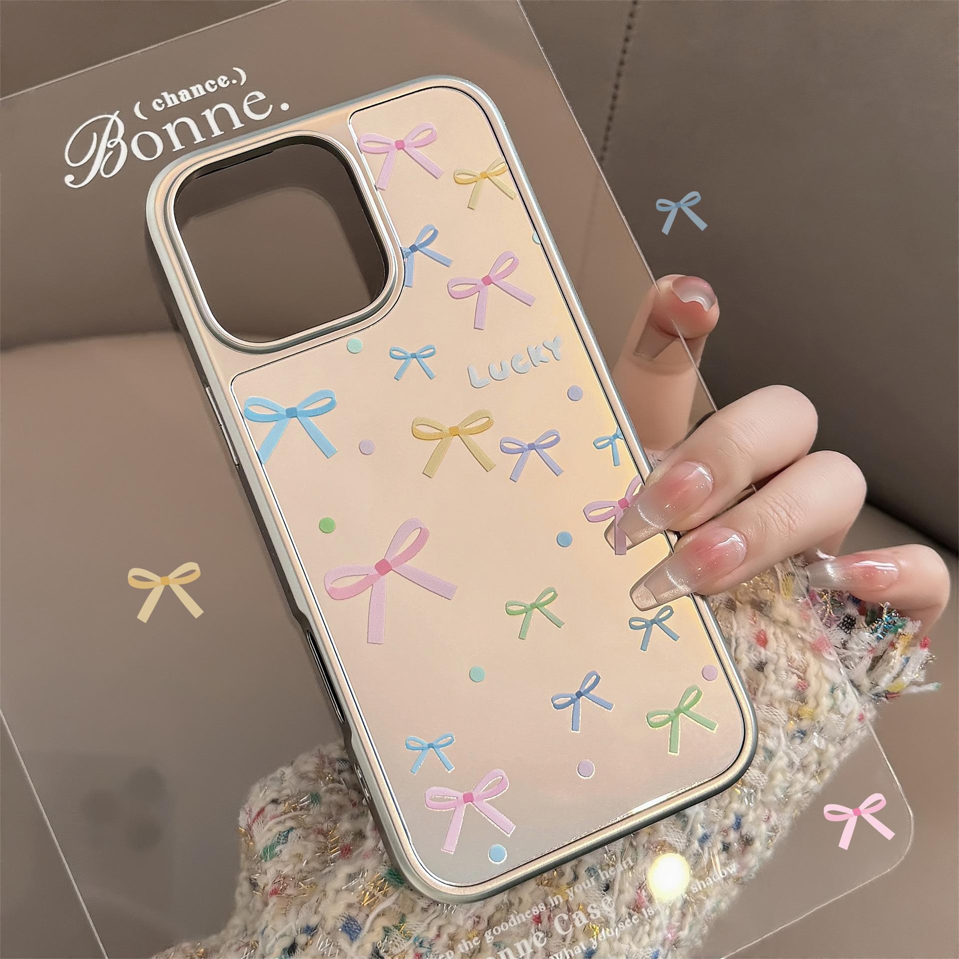 

Korean Colored Bows Suitable for 16 Apple 15 Promax Mobile Phone Case Iphone14 Mirror 13 Electroplating 15 Hard 16promax