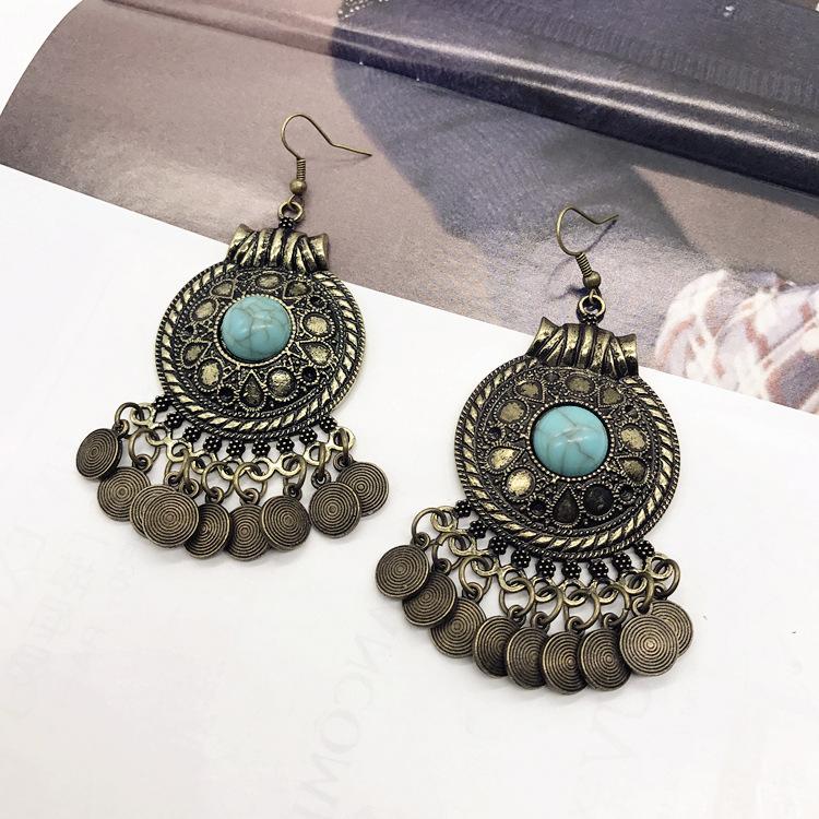 Винтажные серьги в индийском стиле, преувеличенные серьги, большие круглые серьги с инкрустацией бирюзой и бахромой, этнические женские серьги